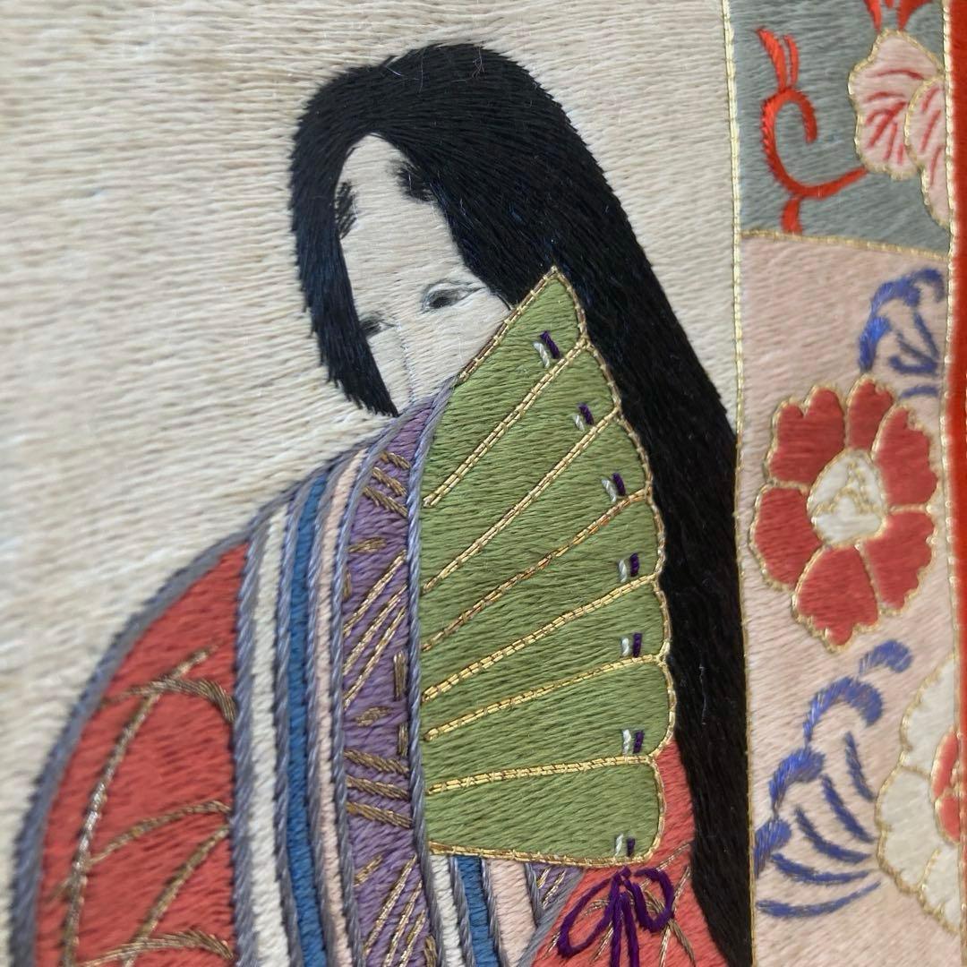 アンティーク名古屋帯　百人一首の刺繍　グレー　大正　正絹　N6-25