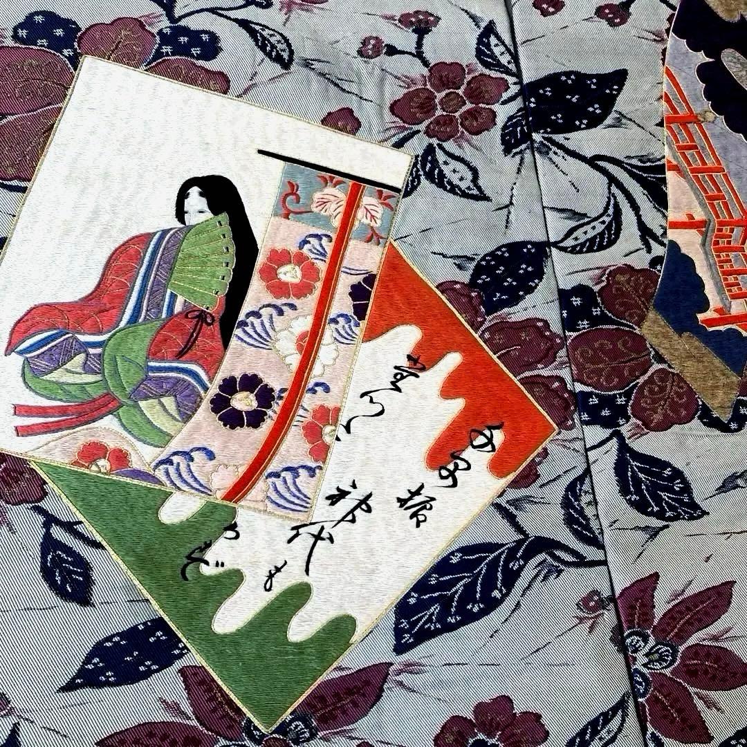 アンティーク名古屋帯　百人一首の刺繍　グレー　大正　正絹　N6-25