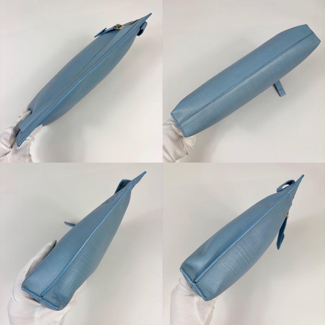 ロエベ リネン クラッチバッグ ゴールド金具 レザー バッグ ブルー