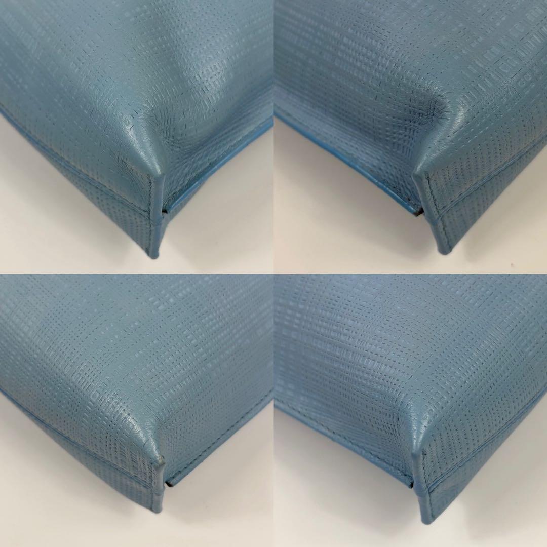 ロエベ リネン クラッチバッグ ゴールド金具 レザー バッグ ブルー