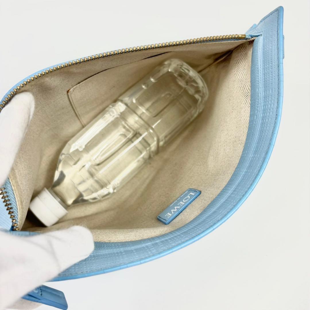 ロエベ リネン クラッチバッグ ゴールド金具 レザー バッグ ブルー