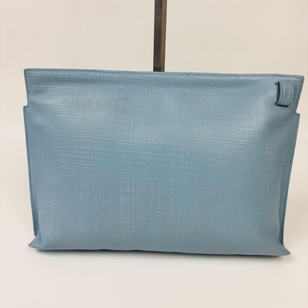 ロエベ リネン クラッチバッグ ゴールド金具 レザー バッグ ブルー