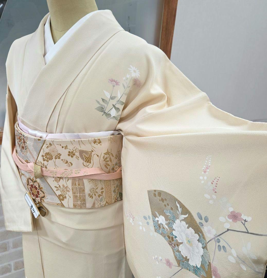 トールサイズ作家物付け下げ訪問着4点フルセット、着物、袋帯、帯締め、帯揚げ