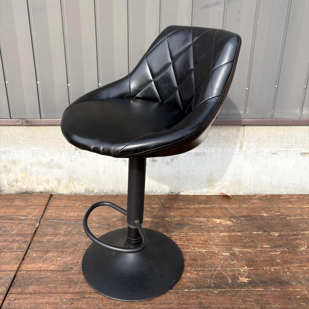 北欧レトロ キルティングレザー 回転式 カウンターチェア バーチェア 古家具 黒