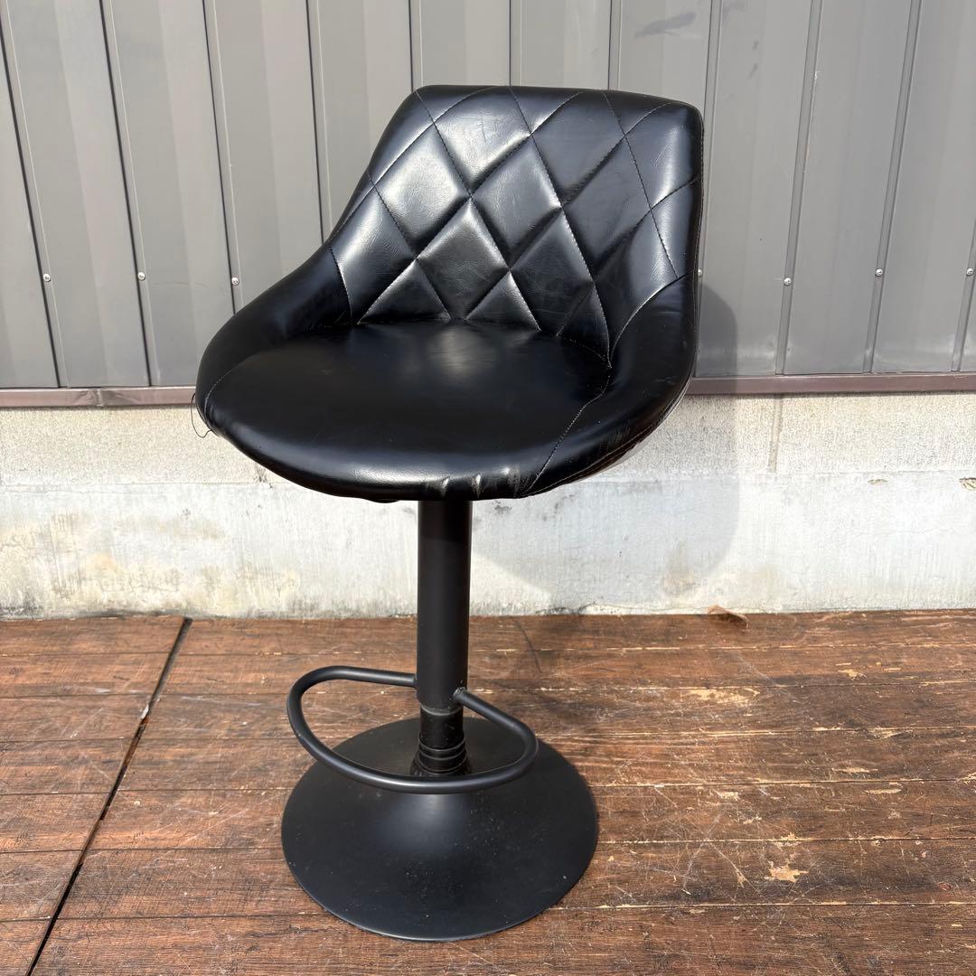 北欧レトロ キルティングレザー 回転式 カウンターチェア バーチェア 古家具 黒