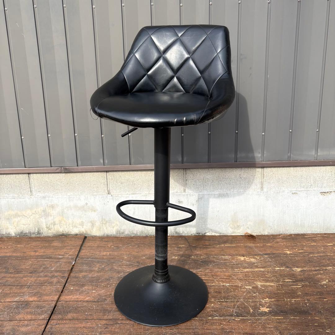 北欧レトロ キルティングレザー 回転式 カウンターチェア バーチェア 古家具 黒