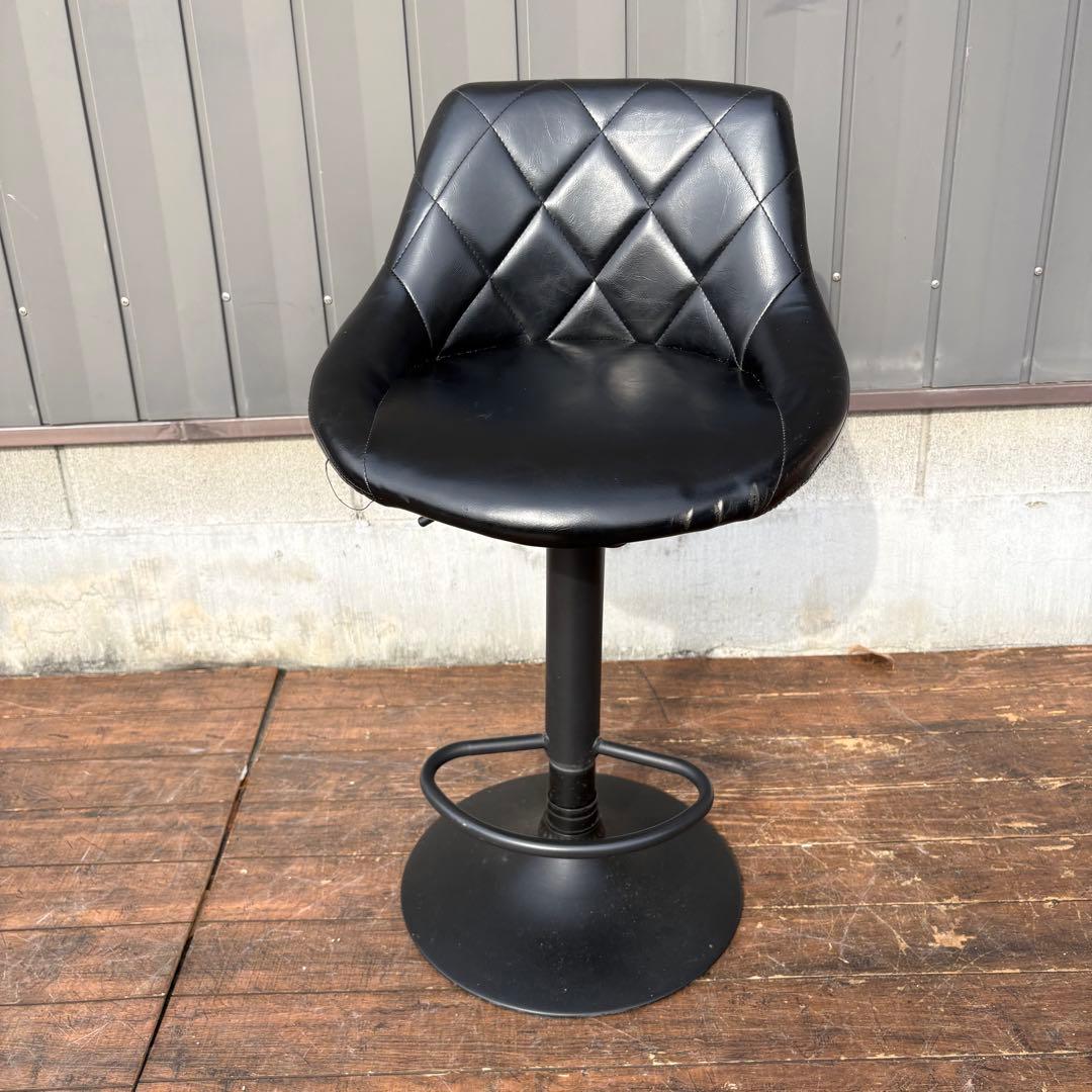 北欧レトロ キルティングレザー 回転式 カウンターチェア バーチェア 古家具 黒