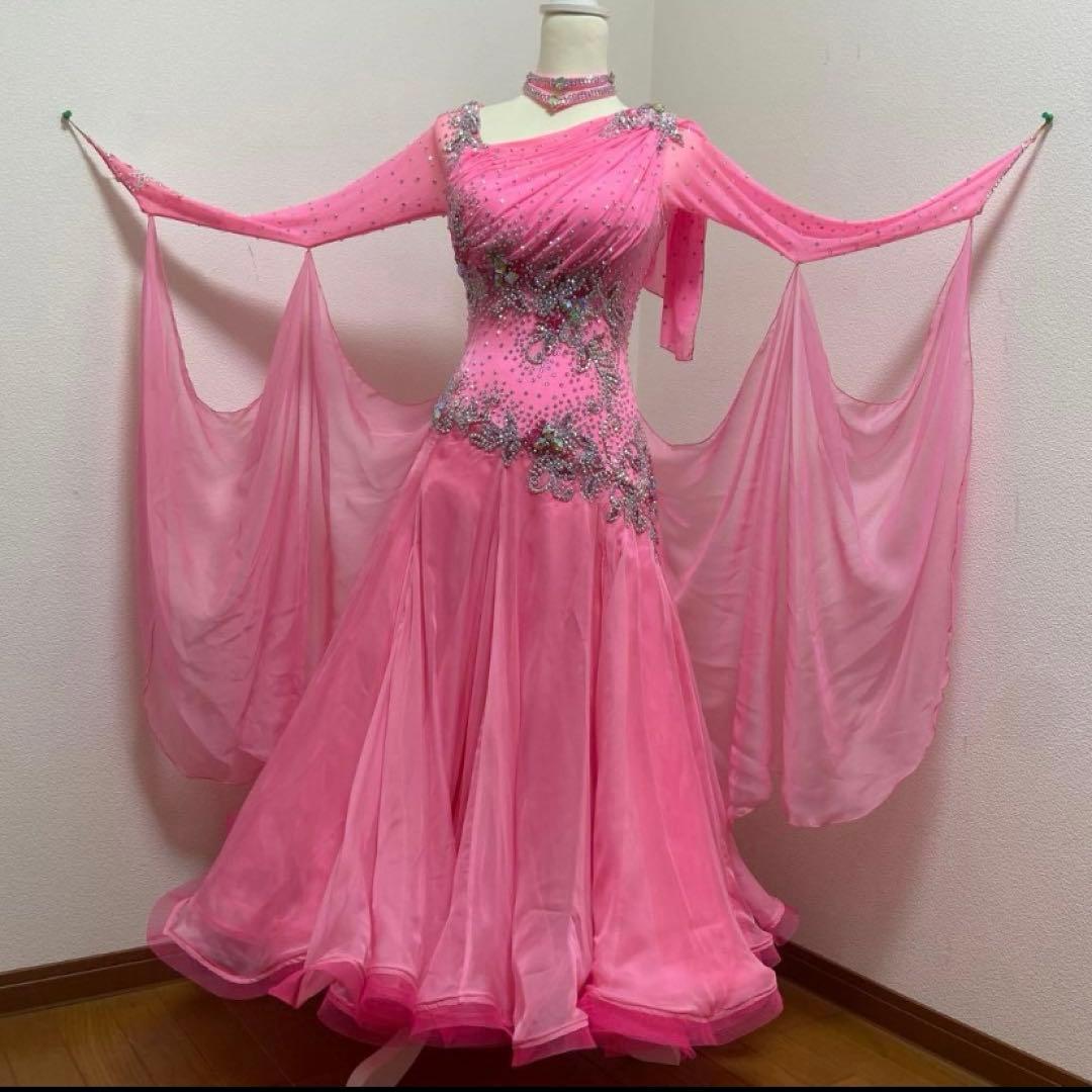【美品】社交ダンスドレス ピンク チョーカー付　9号