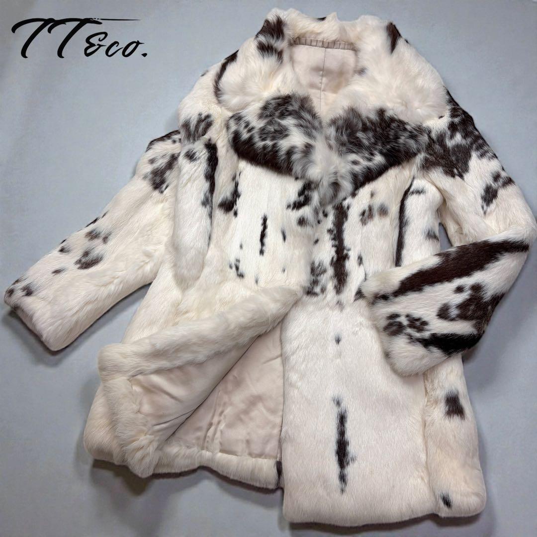 希少　毛皮コート　ファーコート　牛柄　襟付き　ラビットファー　Lサイズ相当