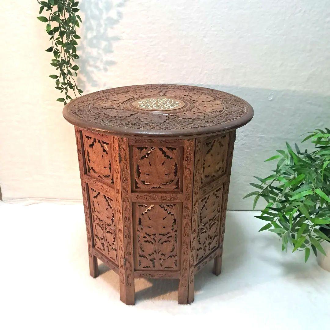 手彫り 木製 サイドテーブル 花台 八角形