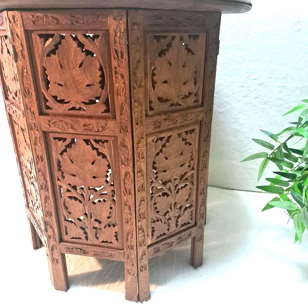 手彫り 木製 サイドテーブル 花台 八角形