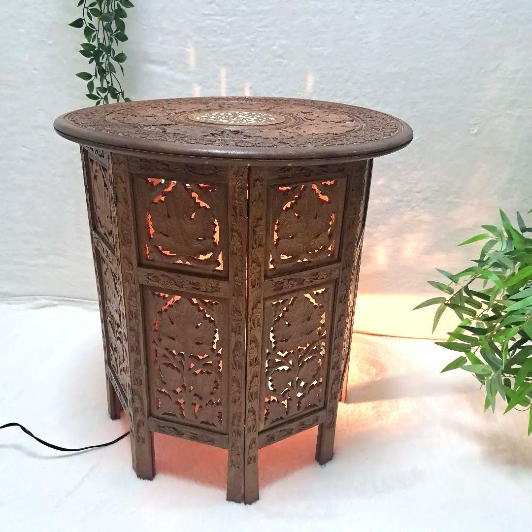 手彫り 木製 サイドテーブル 花台 八角形