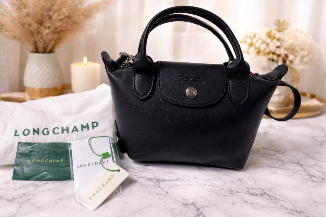 美品 ロンシャン ルプリアージュキュイール XS バッグ 黒 niko∞2525