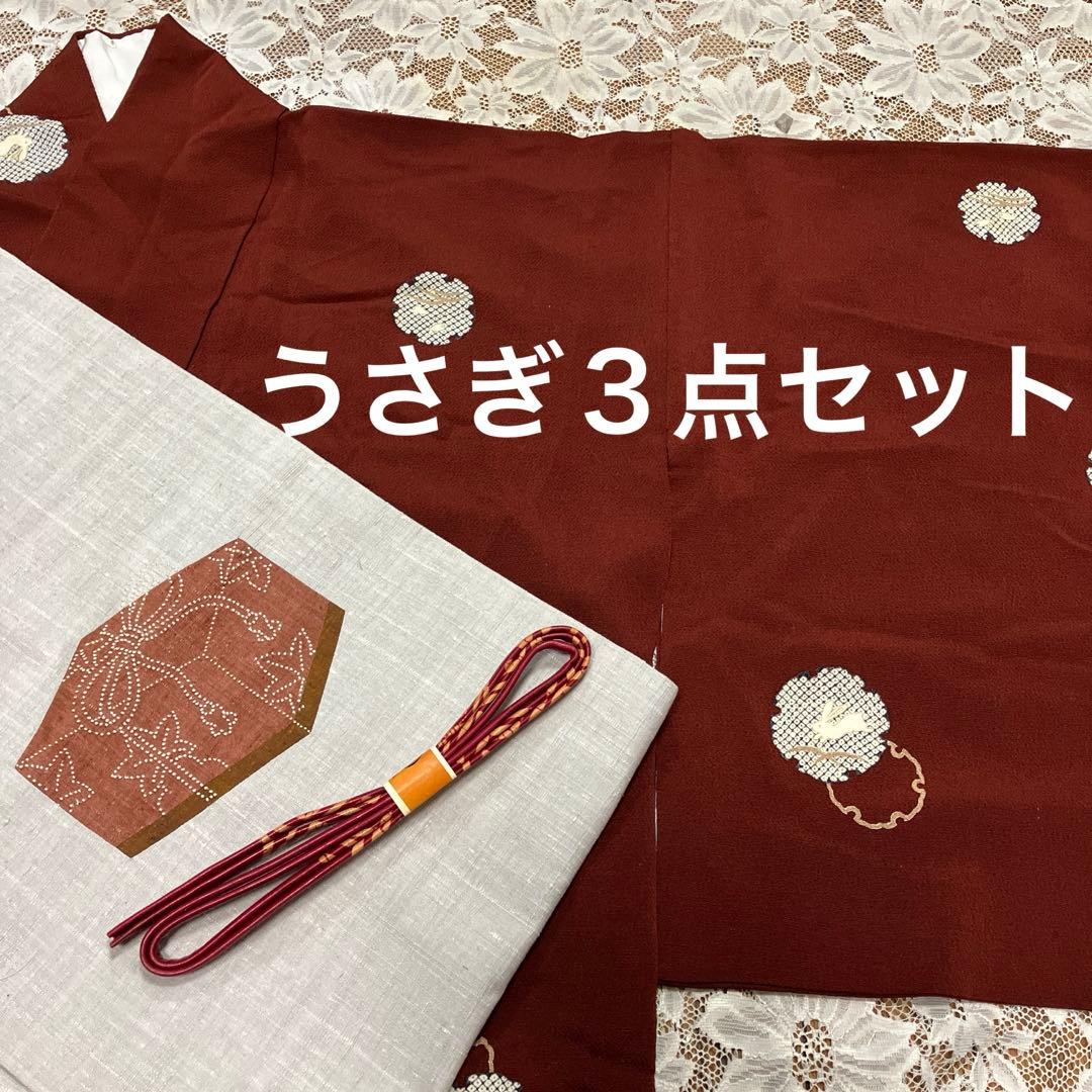 美品３点セット うさぎ小紋&相良刺繍名古屋帯&新品帯締め トールサイズ
