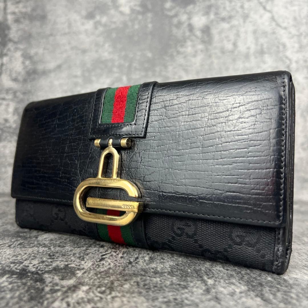 GUCCI グッチ GGキャンバス レザー シェリーライン 長財布 ブラック