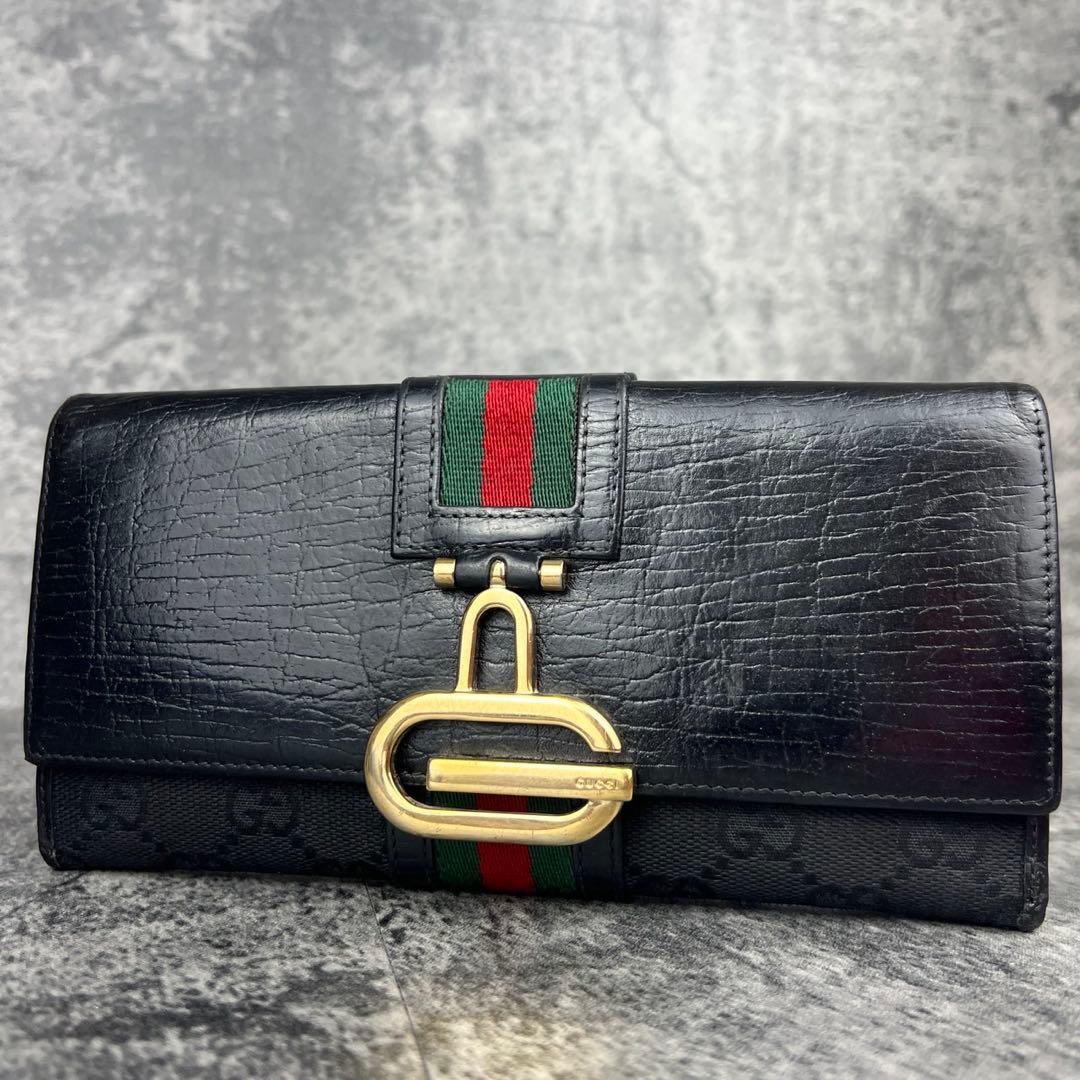 GUCCI グッチ GGキャンバス レザー シェリーライン 長財布 ブラック