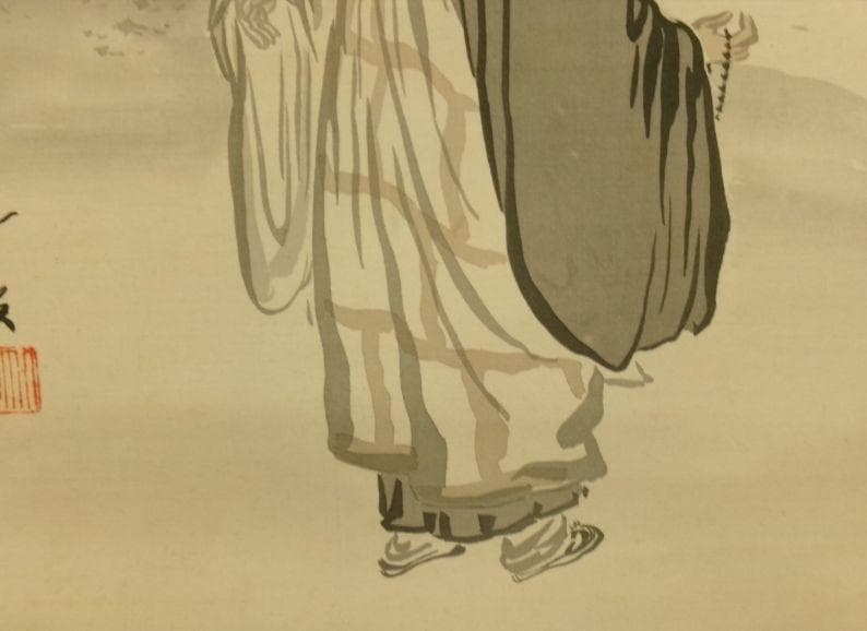 日本画家 尾竹竹坡『虎渓三笑図』掛け軸　尺8　絹本 直筆保証