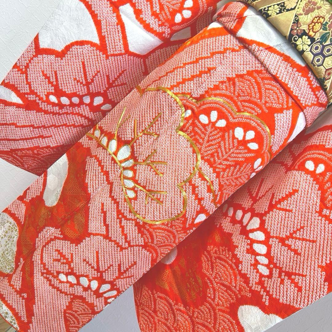 484 振袖フルセット 正絹 朱赤 オレンジ 紅白 絞り 駒刺繍 レトロ 松文