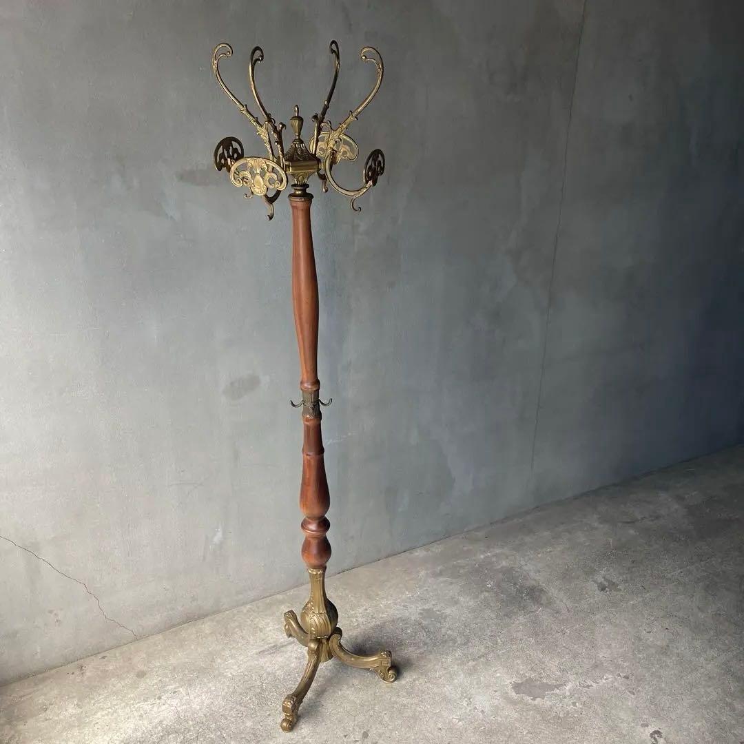 イタリア製 ハンガーポール ハンガーラック 輸入家具 チーク真鍮 ゴールド