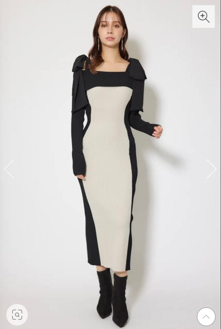 riendaリエンダ　バイカラーオフショルリボンニットワンピース