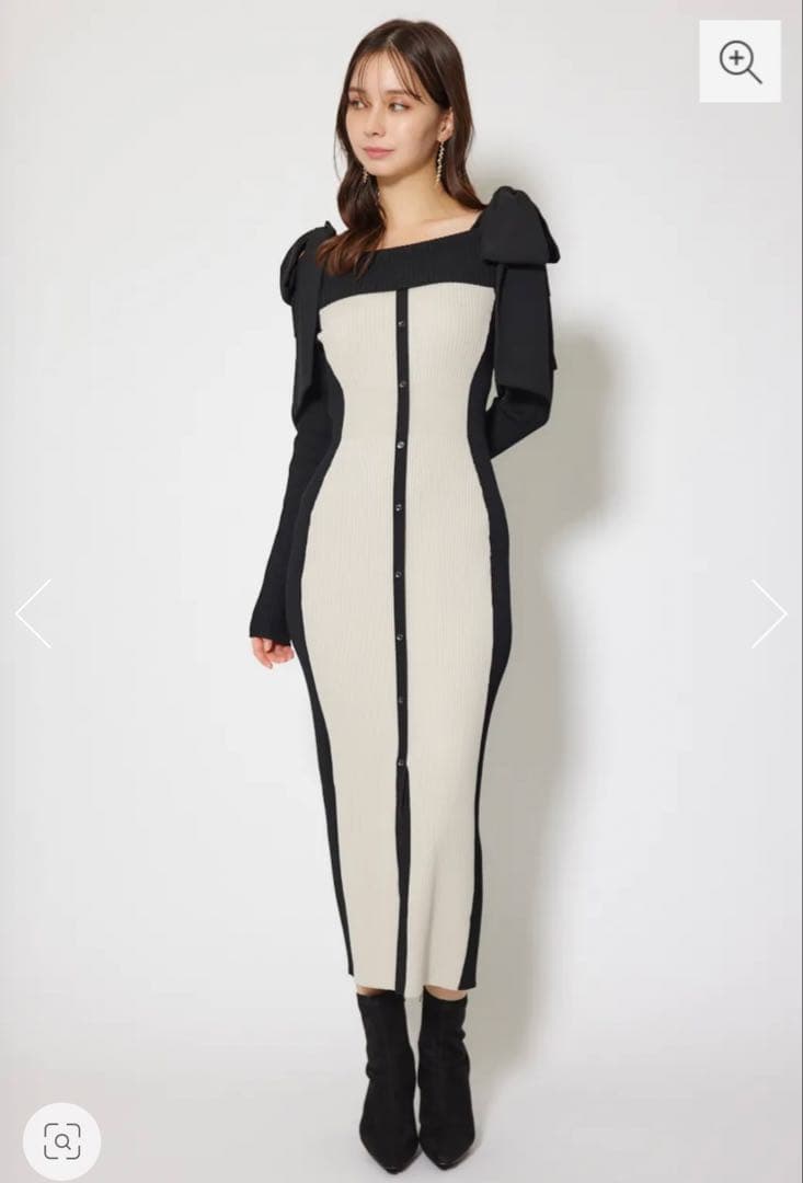 riendaリエンダ　バイカラーオフショルリボンニットワンピース