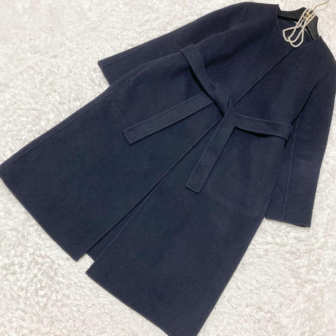 現行タグ♡ ANAYI ウールノーカラーコート ベルト付き ダークネイビー 34