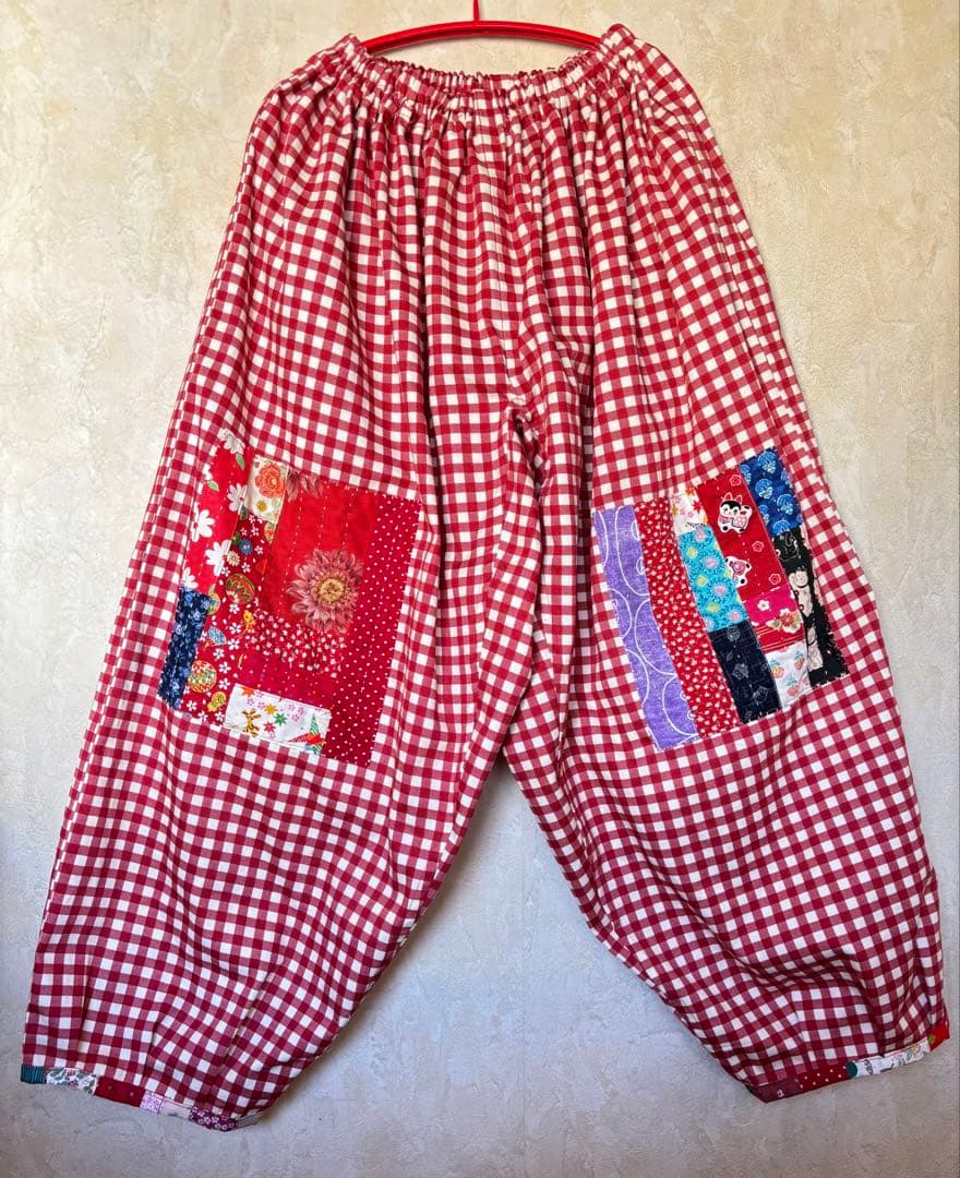 ちくちくもんぺパンツ パッチワーク ギンガムチェック赤