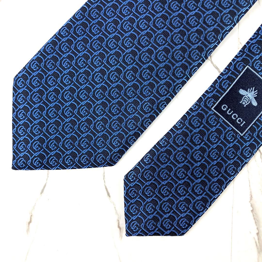 未使用　現行　グッチ　ネクタイ　ダブルG総柄　マーモント　ジャガード　ネイビー
