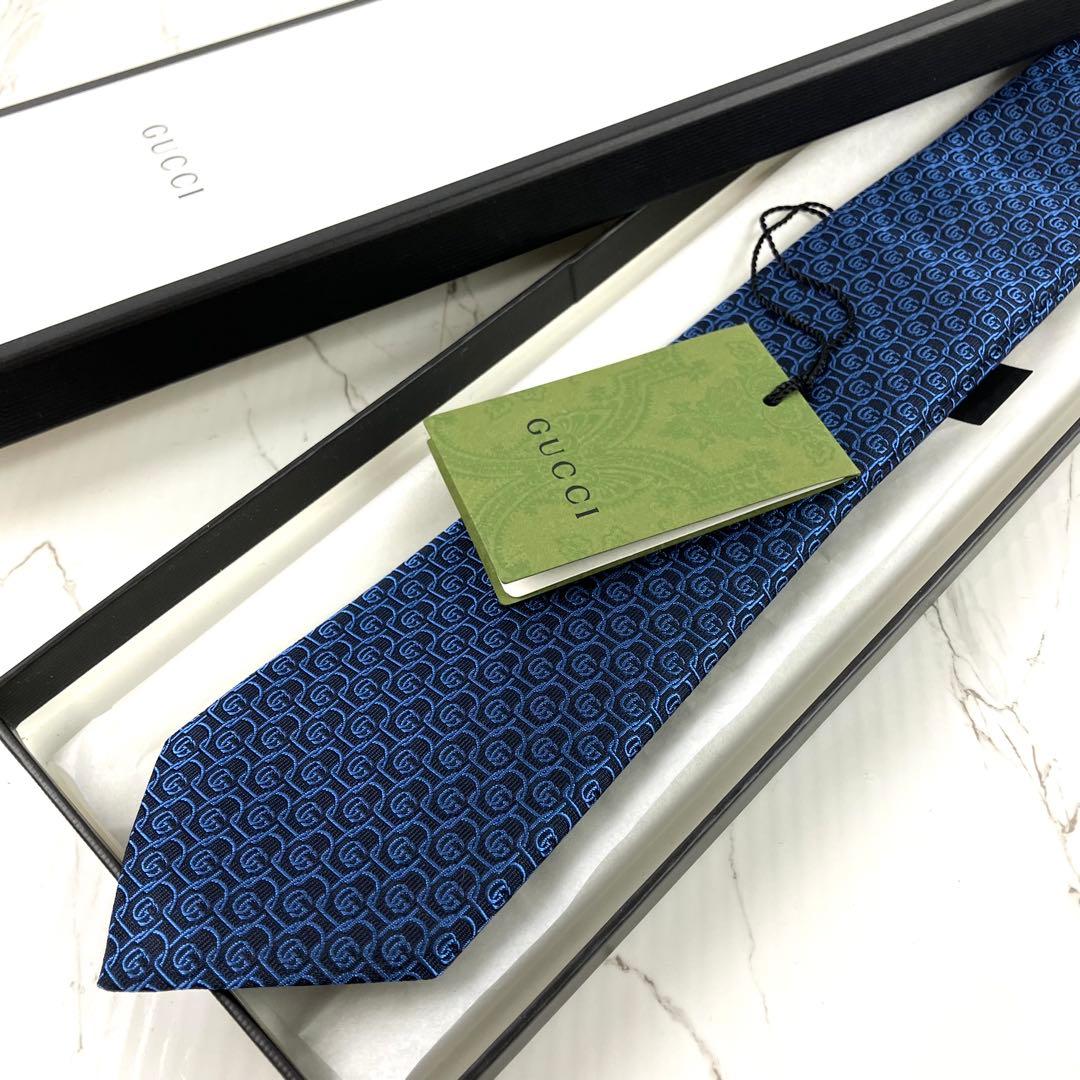 未使用　現行　グッチ　ネクタイ　ダブルG総柄　マーモント　ジャガード　ネイビー