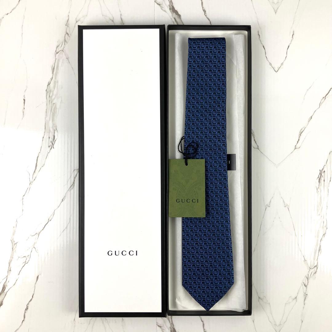 未使用　現行　グッチ　ネクタイ　ダブルG総柄　マーモント　ジャガード　ネイビー