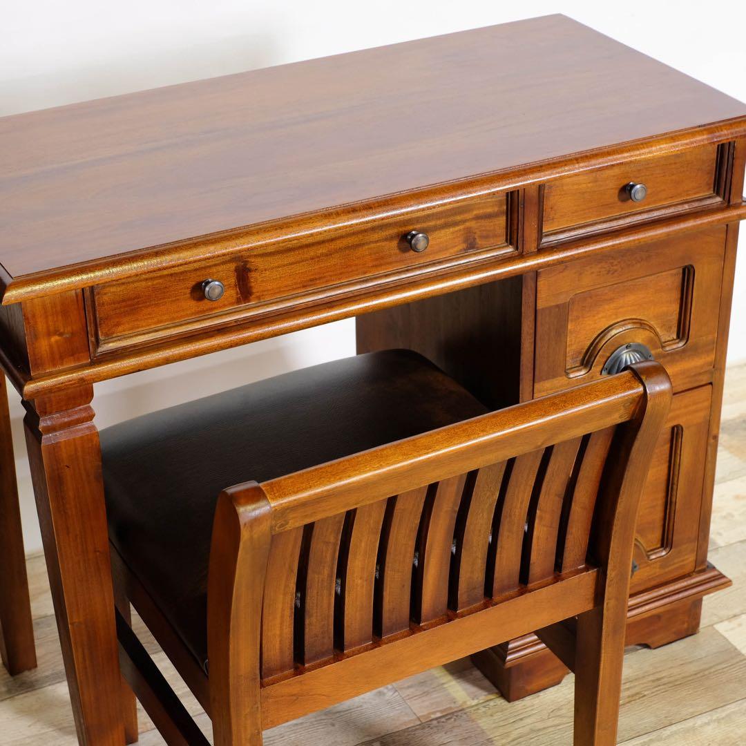 E 新品 アジアン デスク アンティーク 書斎 カフェ 勉強机 机 学習机 木製