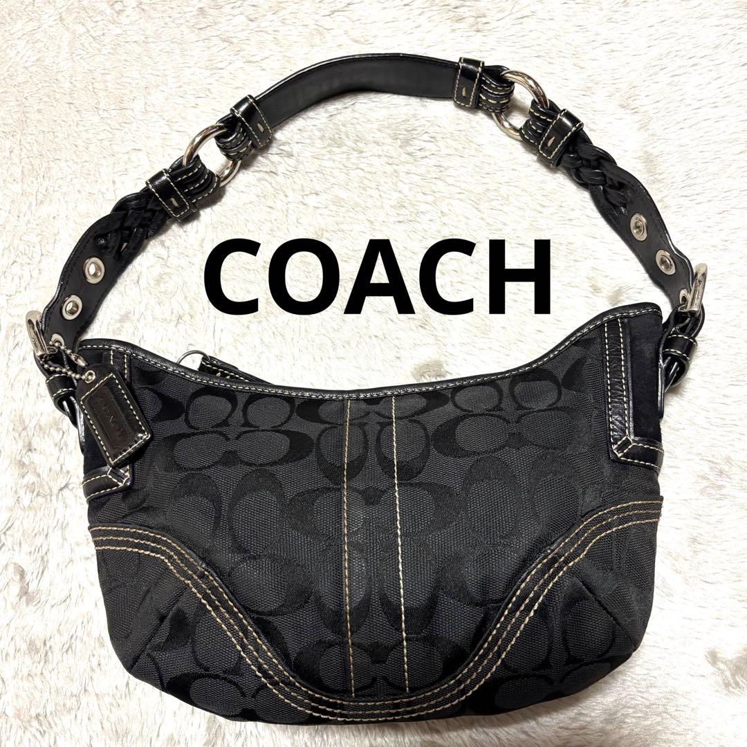 コーチ ワンショルダーバッグ 三日月 キャンバス レザー ブラック 本革