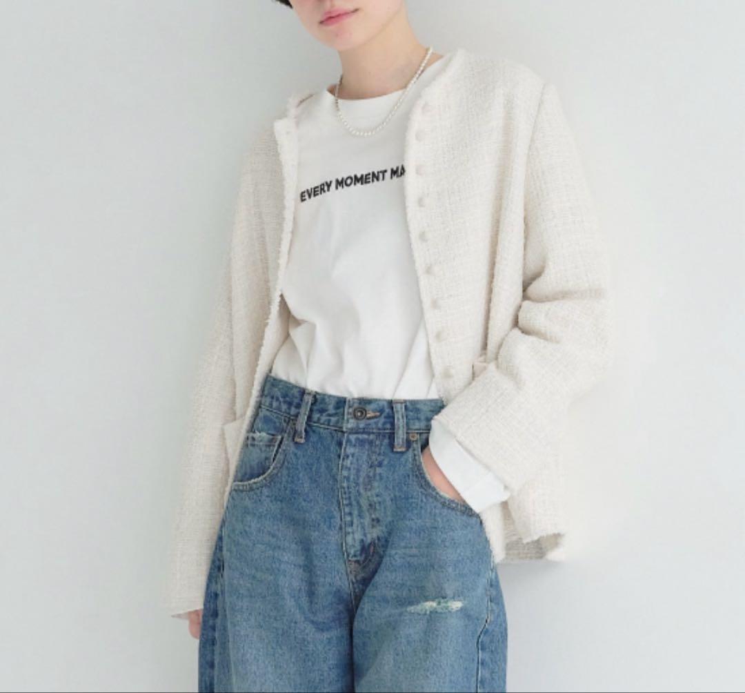 美品‼️ピュアルセシンアイボリー ノーカラーツイードジャケット