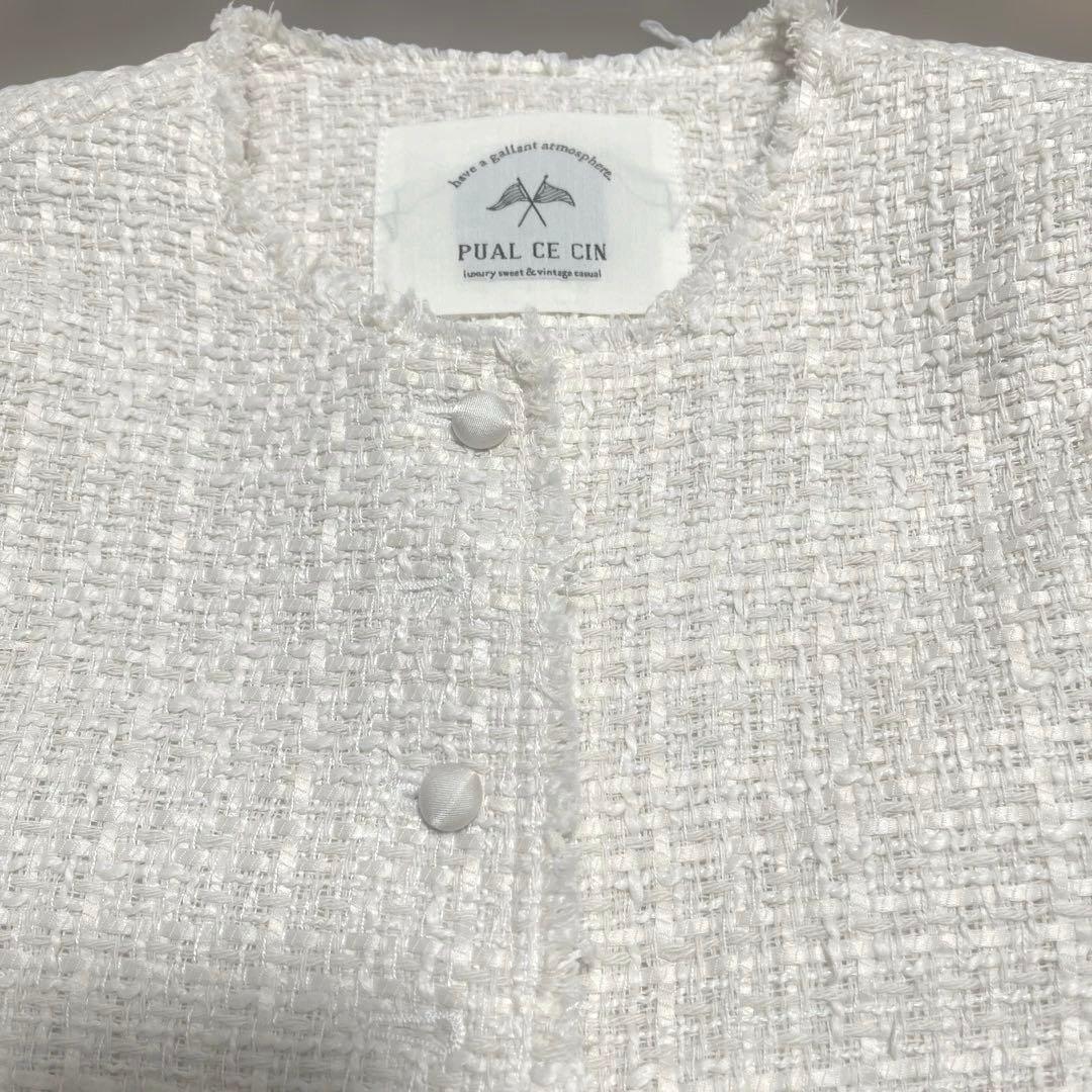 美品‼️ピュアルセシンアイボリー ノーカラーツイードジャケット