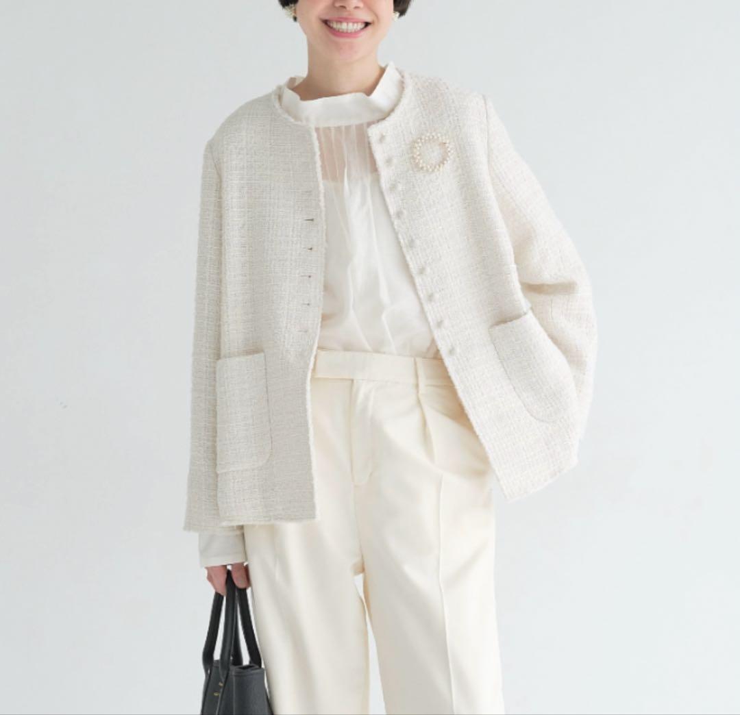 美品‼️ピュアルセシンアイボリー ノーカラーツイードジャケット