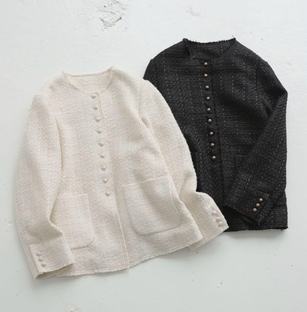 美品‼️ピュアルセシンアイボリー ノーカラーツイードジャケット