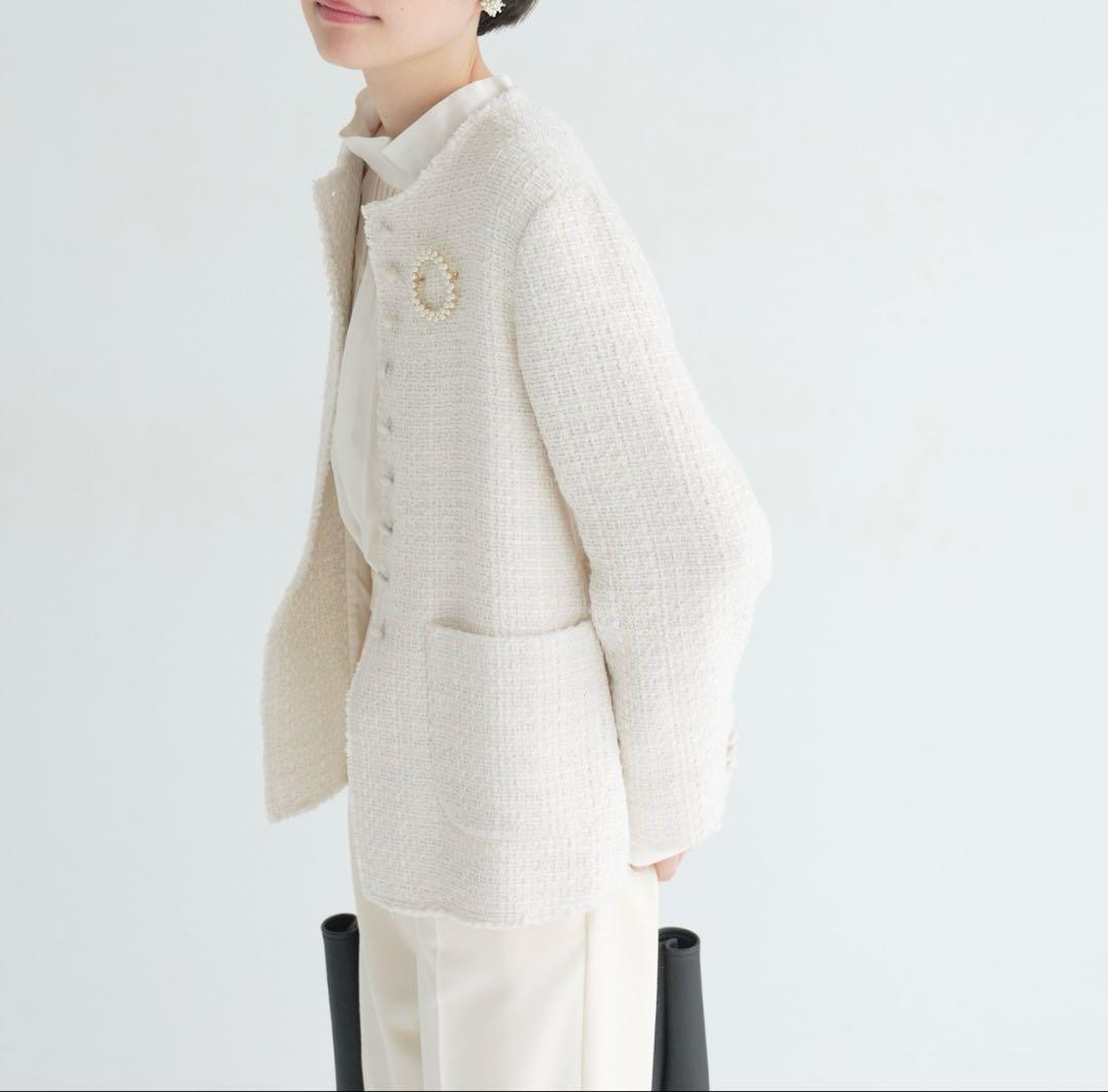美品‼️ピュアルセシンアイボリー ノーカラーツイードジャケット