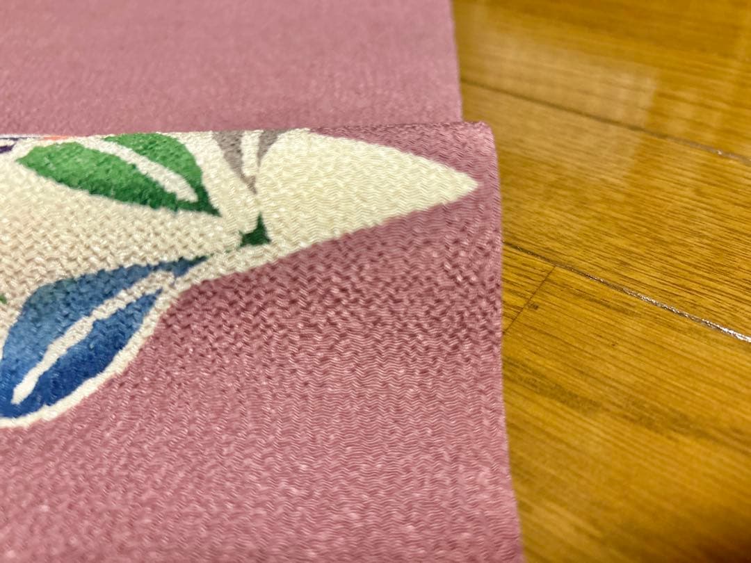 本場琉球紅型染 名古屋帯 正絹 縮緬 中古 ピンク 薄赤紫 上質 yzk742