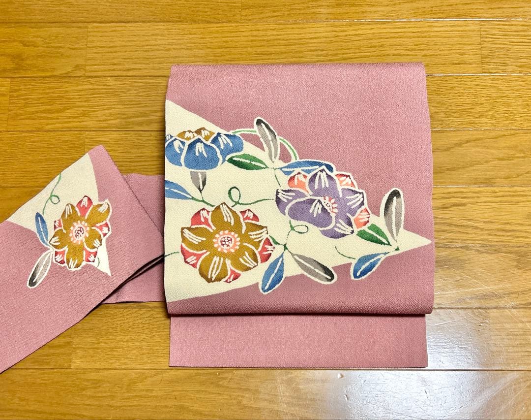 本場琉球紅型染 名古屋帯 正絹 縮緬 中古 ピンク 薄赤紫 上質 yzk742