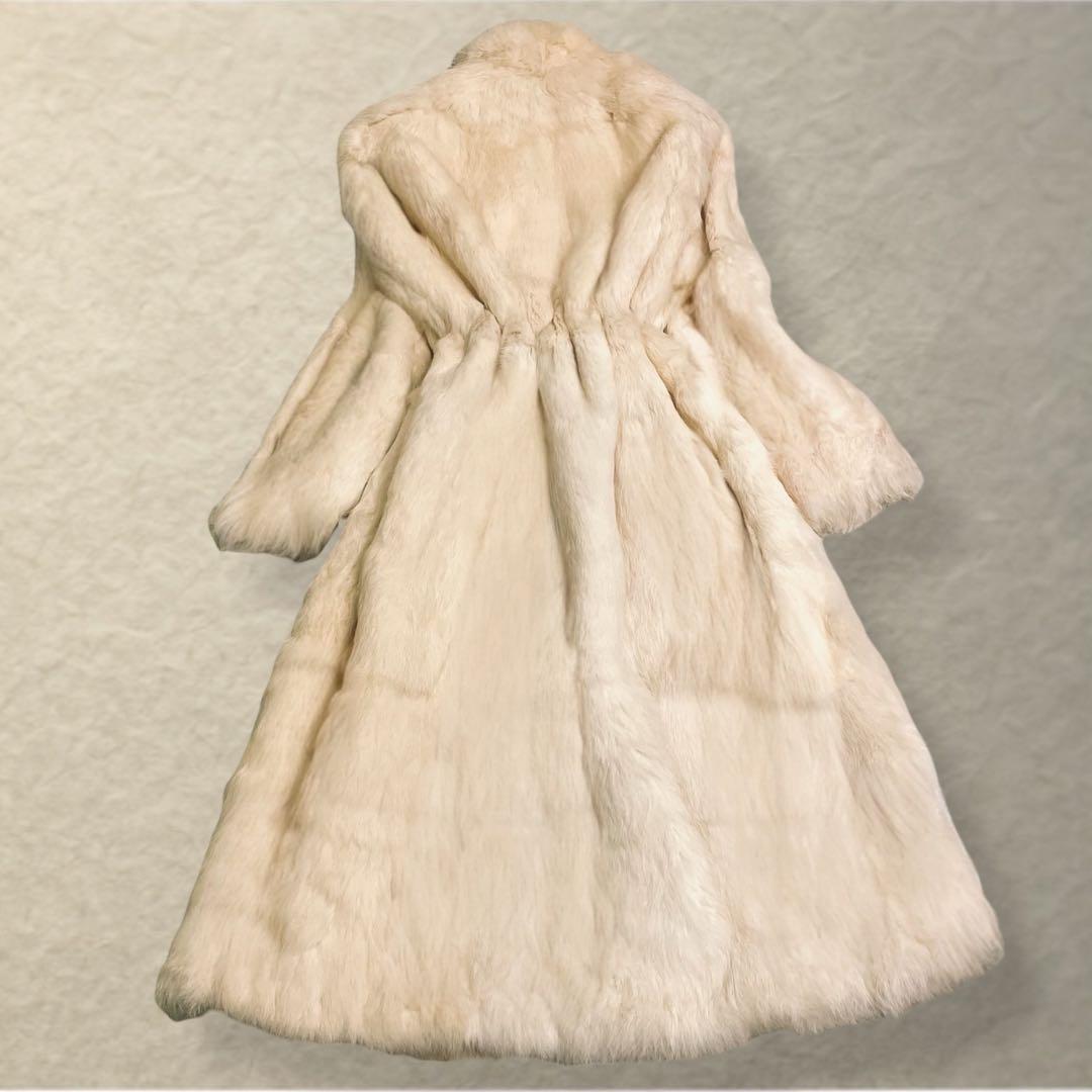 リアルファー ラビット ロングコート 着丈115cm ウエストマーク ホワイト系