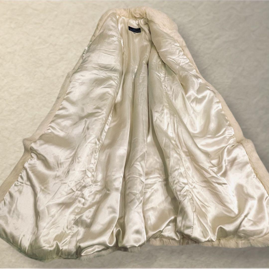 リアルファー ラビット ロングコート 着丈115cm ウエストマーク ホワイト系