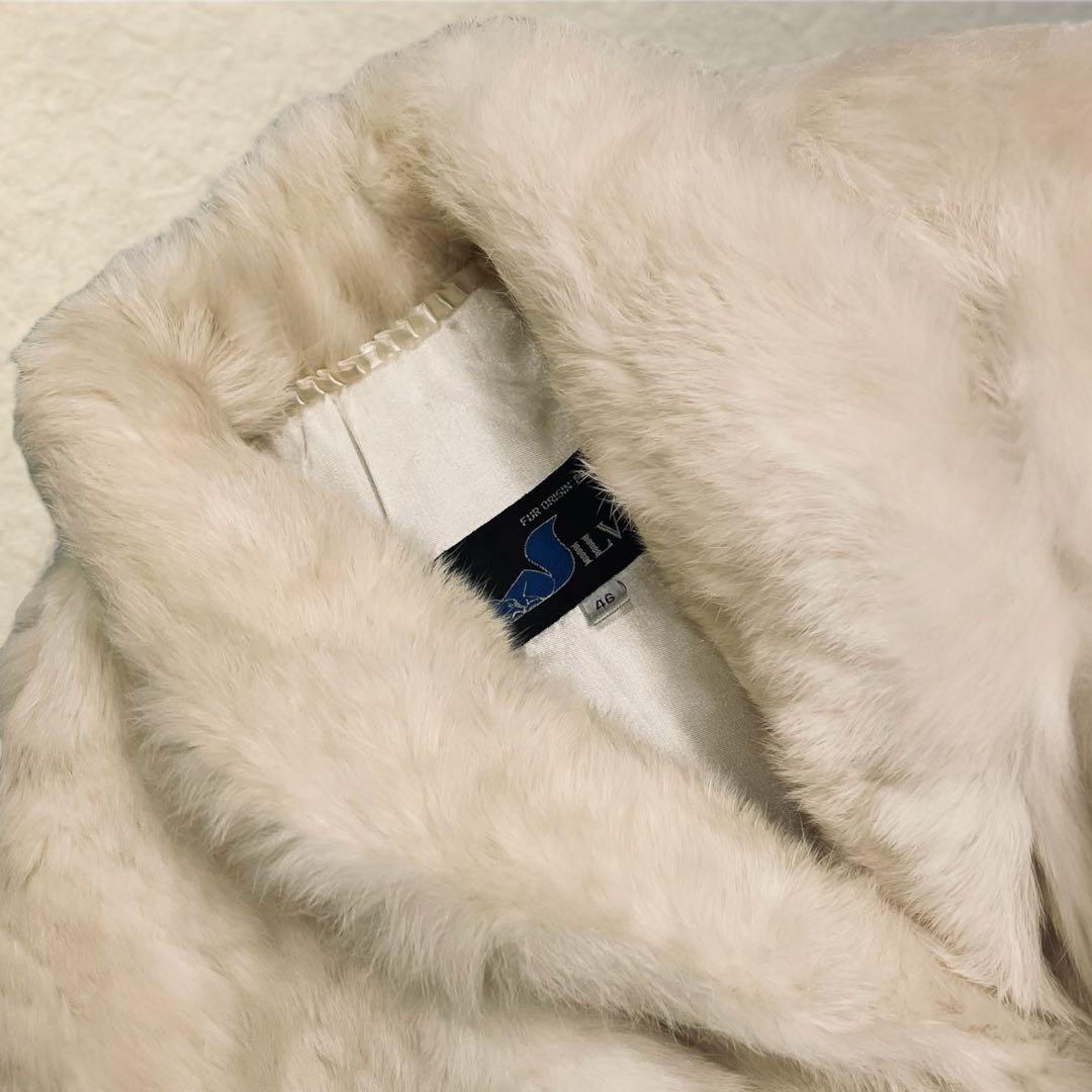 リアルファー ラビット ロングコート 着丈115cm ウエストマーク ホワイト系