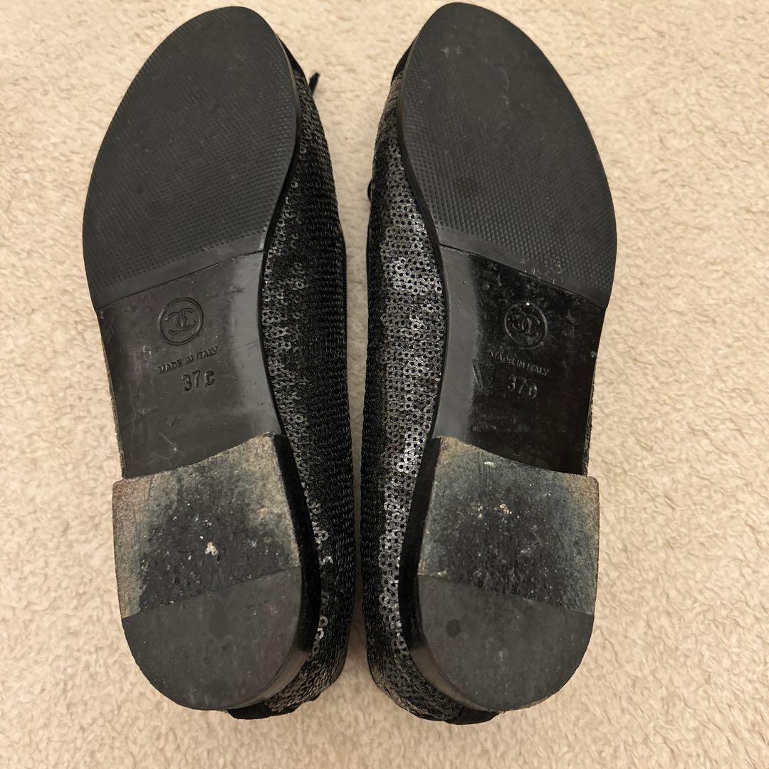 CHANEL ブラック スパンコール フラットシューズ バレエシューズ