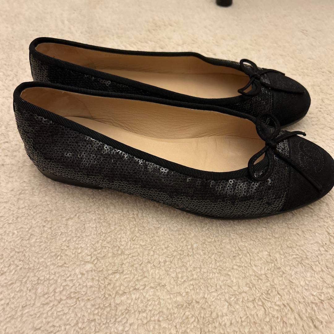 CHANEL ブラック スパンコール フラットシューズ バレエシューズ