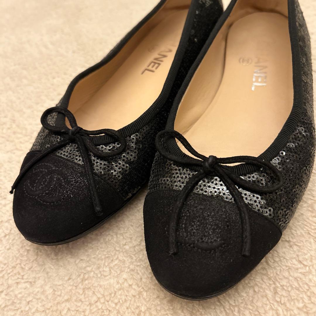 CHANEL ブラック スパンコール フラットシューズ バレエシューズ