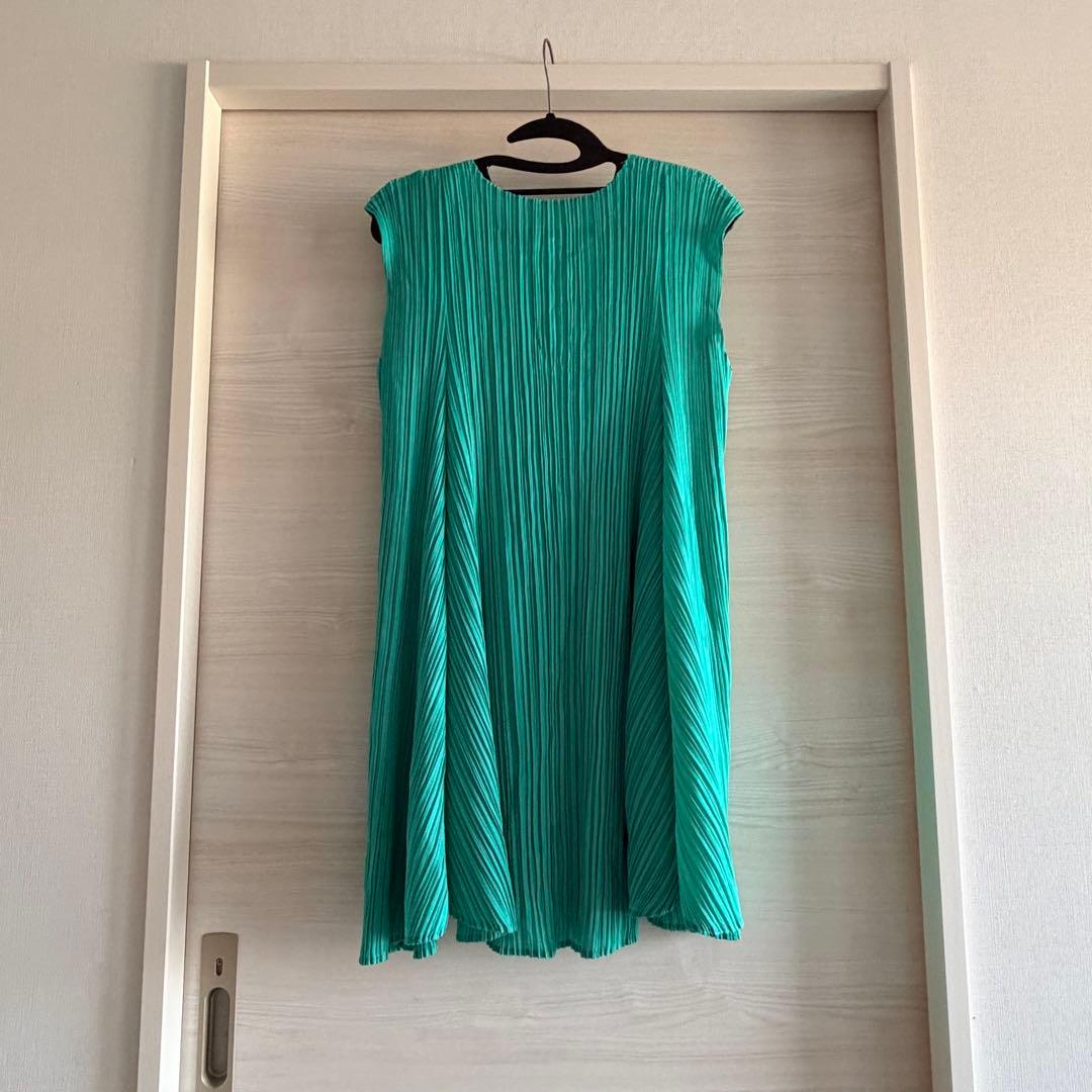 プリーツプリーズ　チュニック　グリーン系　フラワーカット