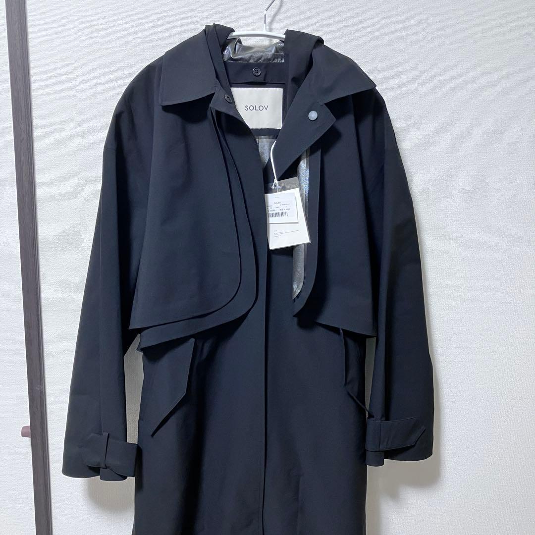 【タグ付】SOLOV トレンチコート　レインコート 黒　フーディ　ベルト　1