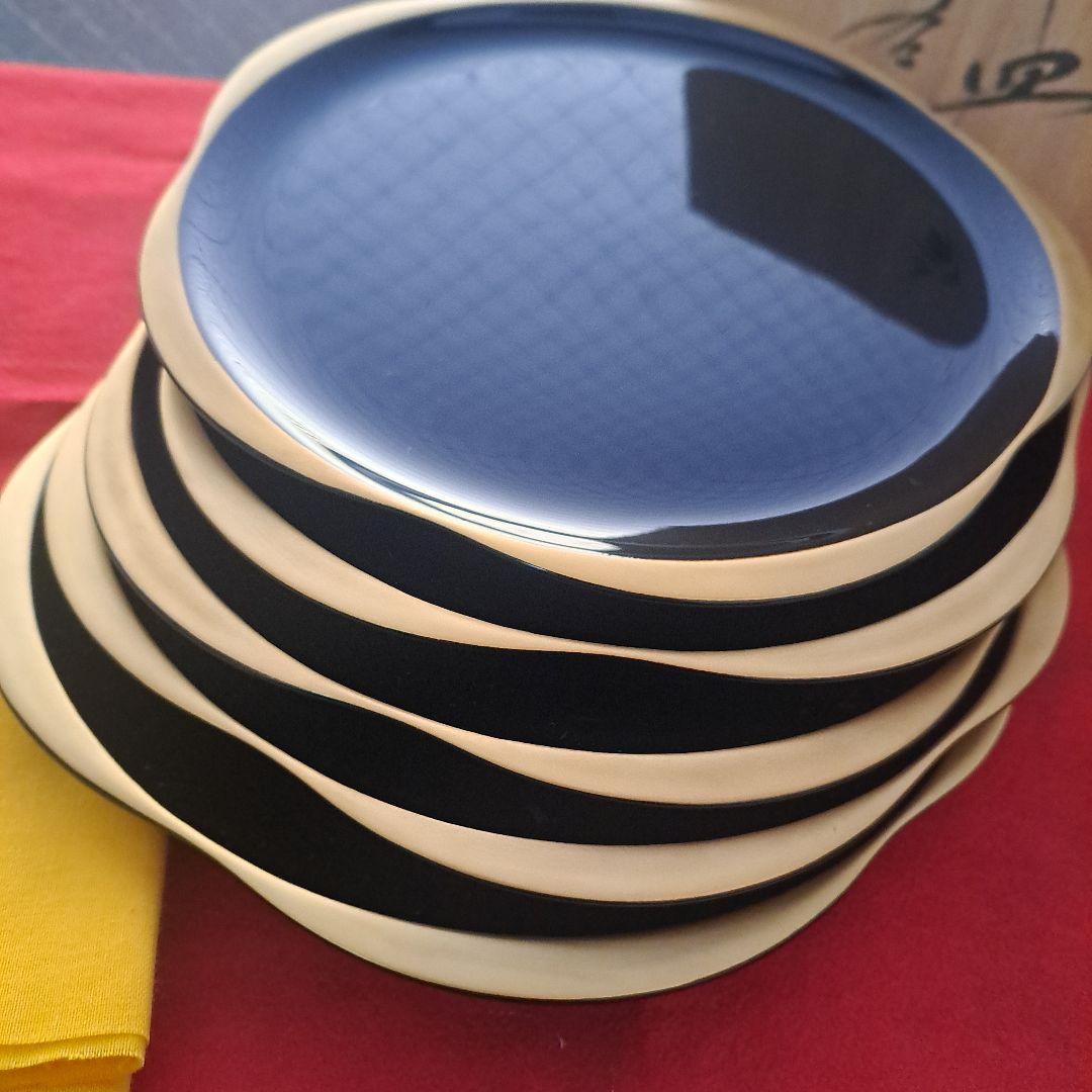 【輪島塗　7寸\"金彩\"梅型\"大皿×5客】布着本堅地　光琳堂　未使用品