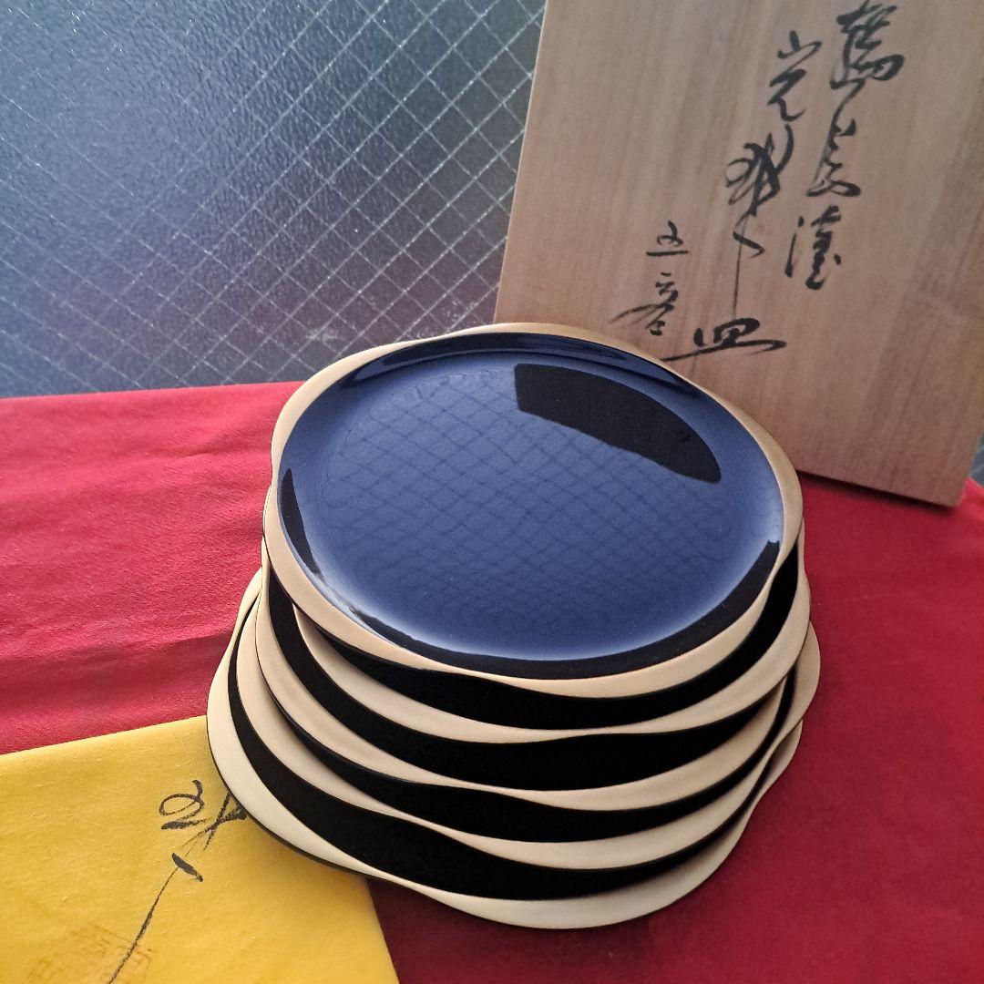 【輪島塗　7寸\"金彩\"梅型\"大皿×5客】布着本堅地　光琳堂　未使用品