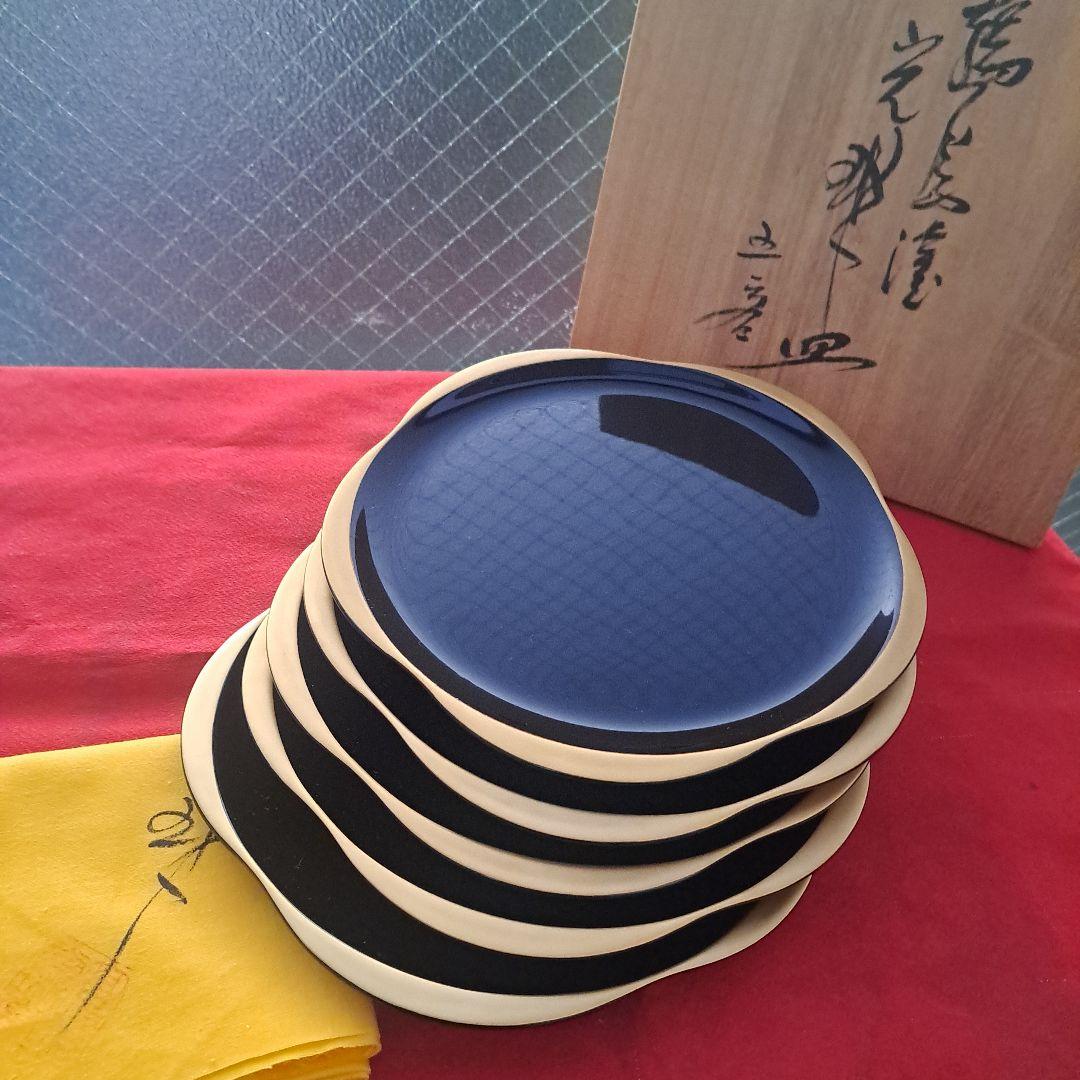 【輪島塗　7寸\"金彩\"梅型\"大皿×5客】布着本堅地　光琳堂　未使用品
